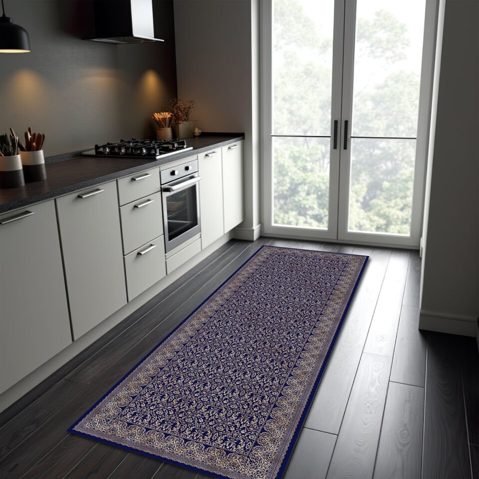 Elegant Blue Pattern Runner Rug for Hallway and Kitchen Spaces