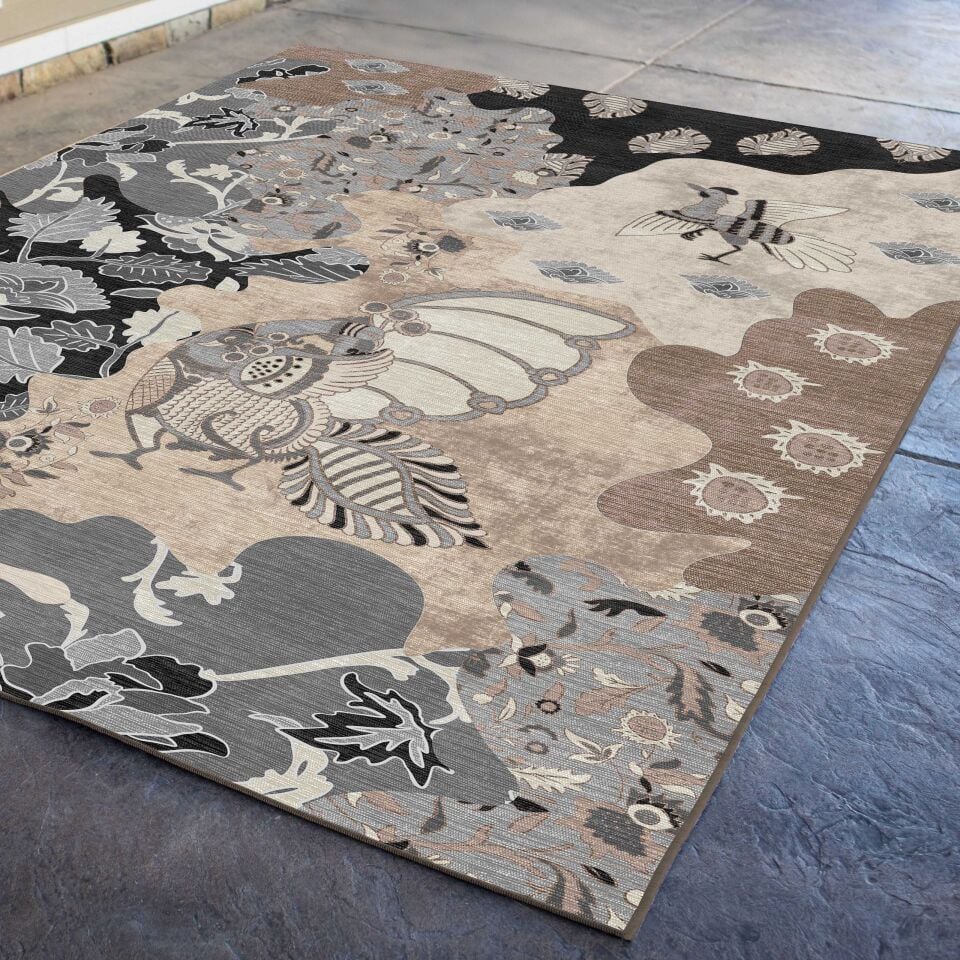 Monochrome Peacock Floral Rug Botanical Pattern Decorative Carpet