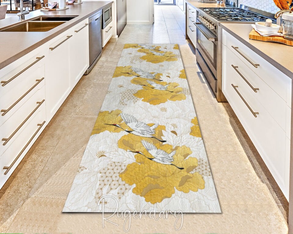 Golden Crane & Floral Runner Rug – Elegant Nature-Inspired Hallway & Kitchen Carpet