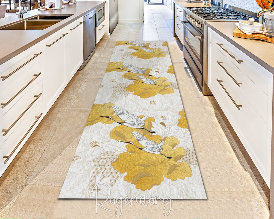 Golden Crane & Floral Runner Rug – Elegant Nature-Inspired Hallway & Kitchen Carpet