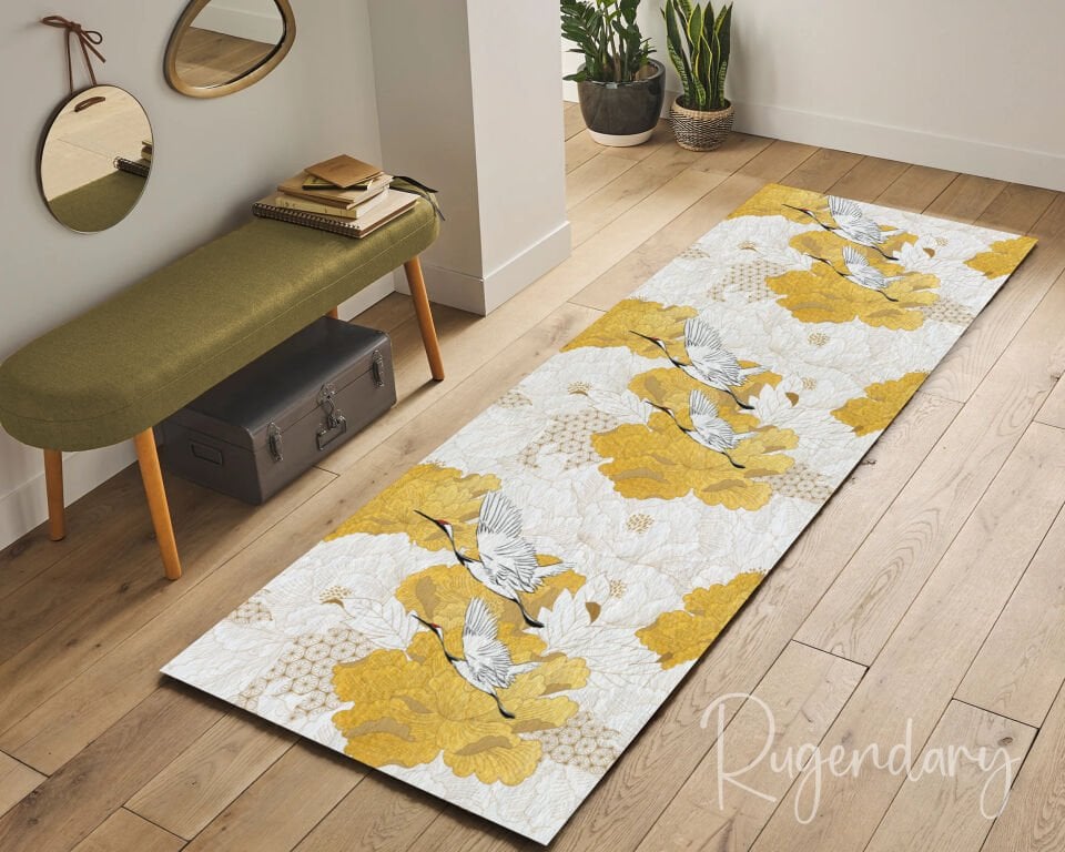 Golden Crane & Floral Runner Rug – Elegant Nature-Inspired Hallway & Kitchen Carpet