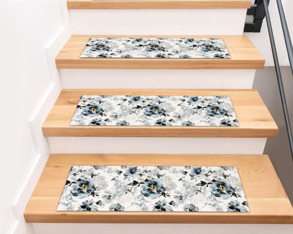 Elegant Gray Floral Stair Treads – Watercolor Style Non-Slip Stair Mats