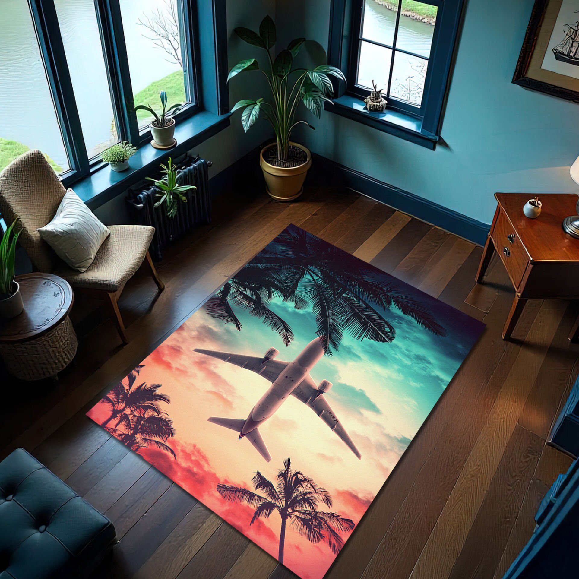 Tropical Sunset Airplane Rug – Palm Trees & Jet Flyover Design