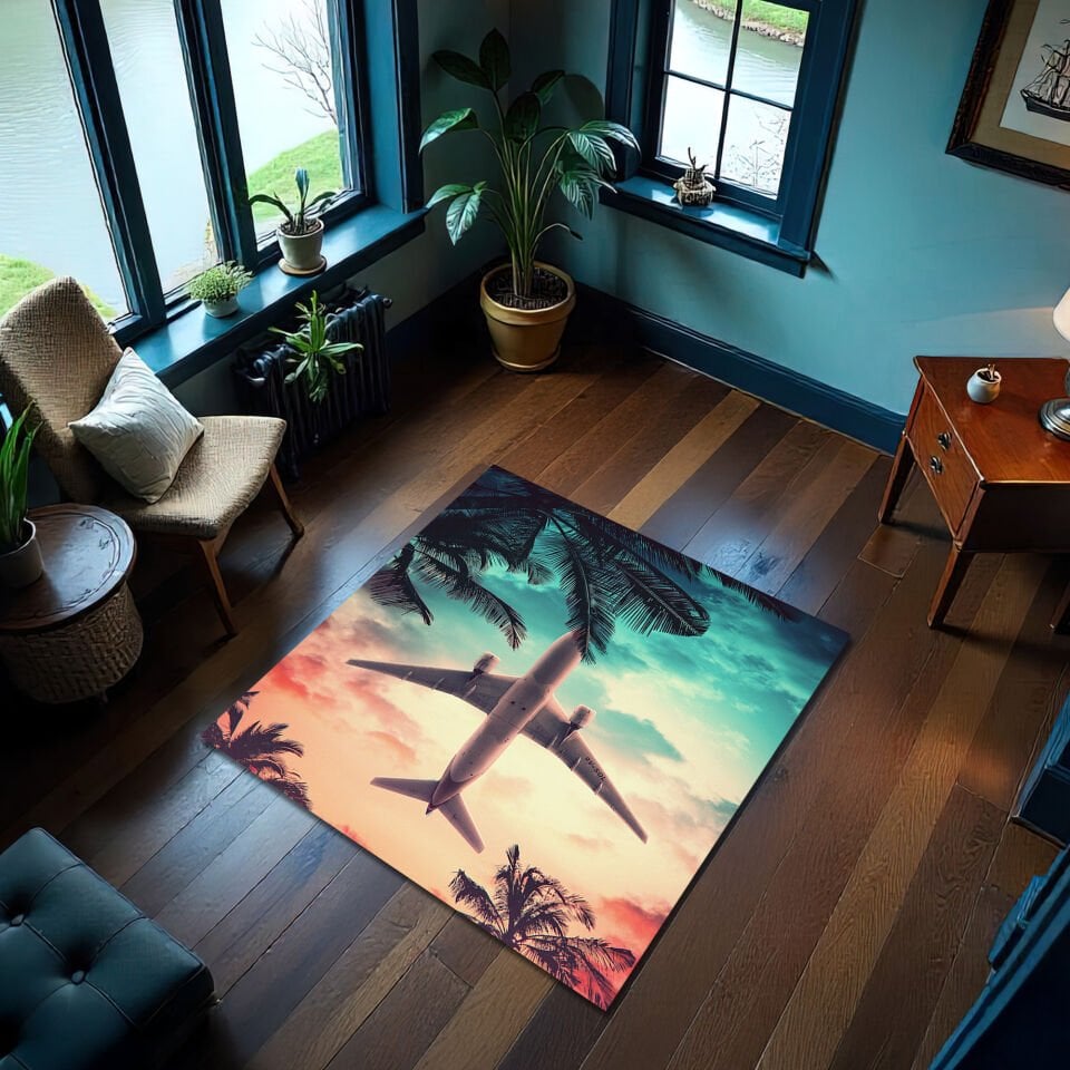 Tropical Sunset Airplane Rug – Palm Trees & Jet Flyover Design