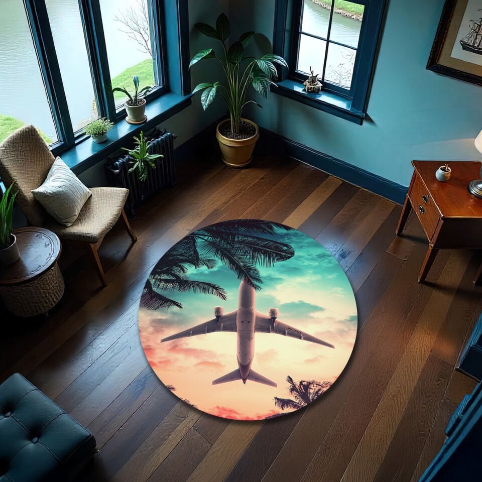 Tropical Sunset Airplane Rug – Palm Trees & Jet Flyover Design