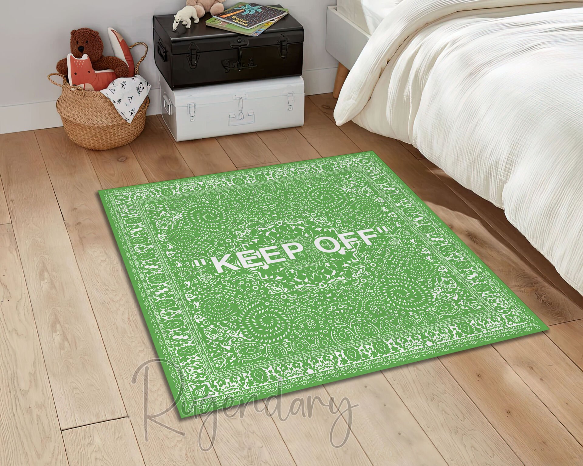 Modern Green Square Rug with ''KEEP OFF'' Statement – Bold Decorative Carpet