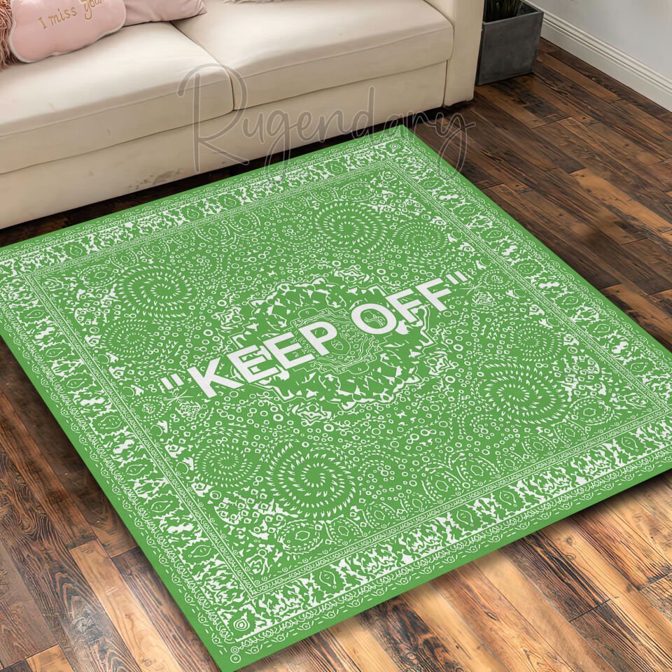 Modern Green Square Rug with ''KEEP OFF'' Statement – Bold Decorative Carpet
