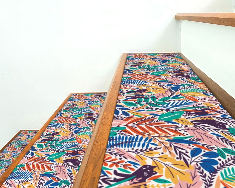Colorful Jungle Leaves Stair Treads – Vibrant Tropical Foliage Pattern