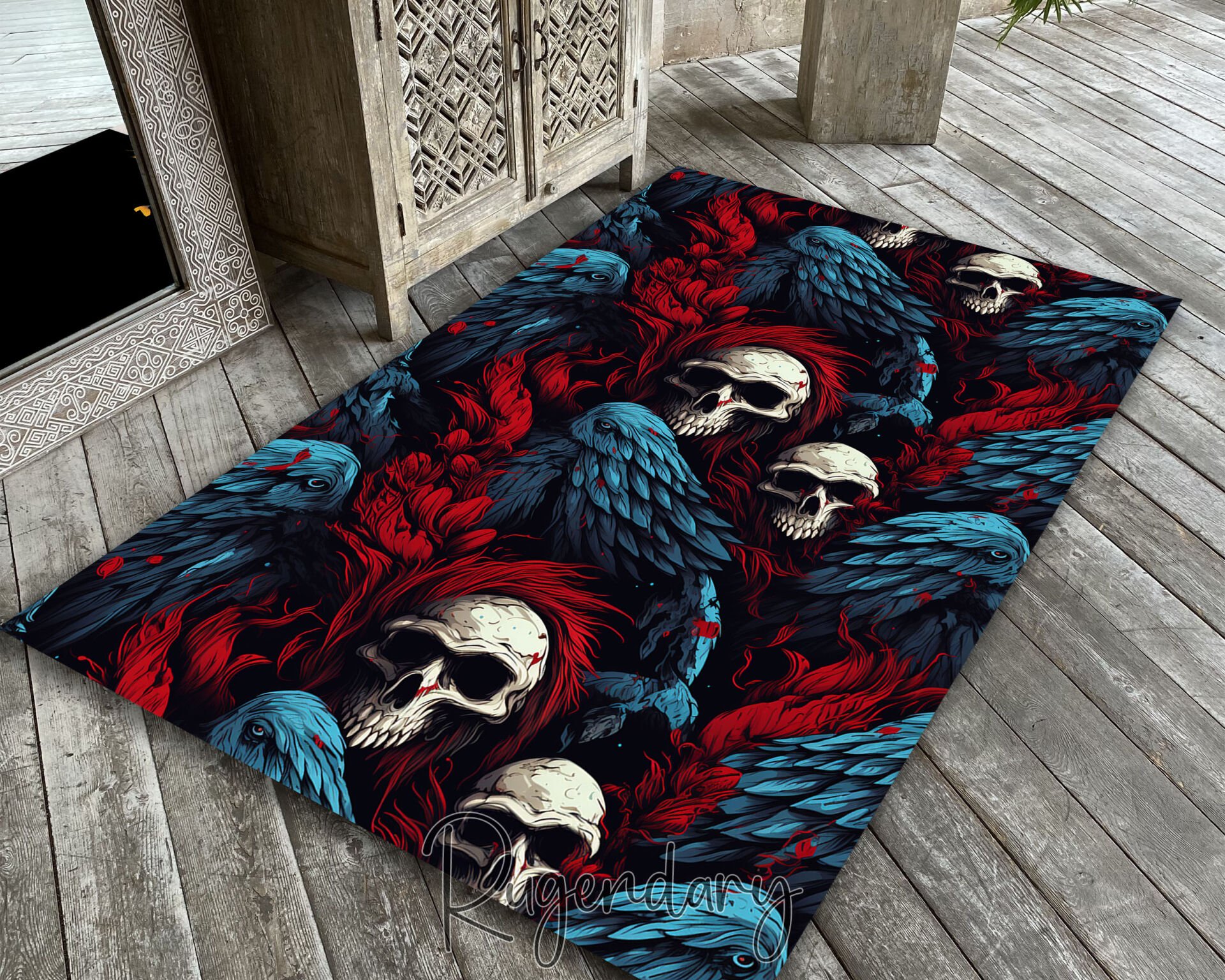 Skull & Raven Gothic Rug – Dark Red and Blue Feather Design