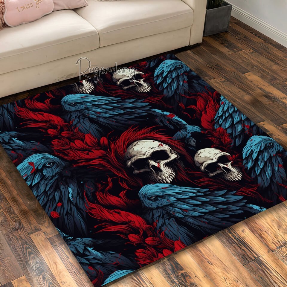 Skull & Raven Gothic Rug – Dark Red and Blue Feather Design