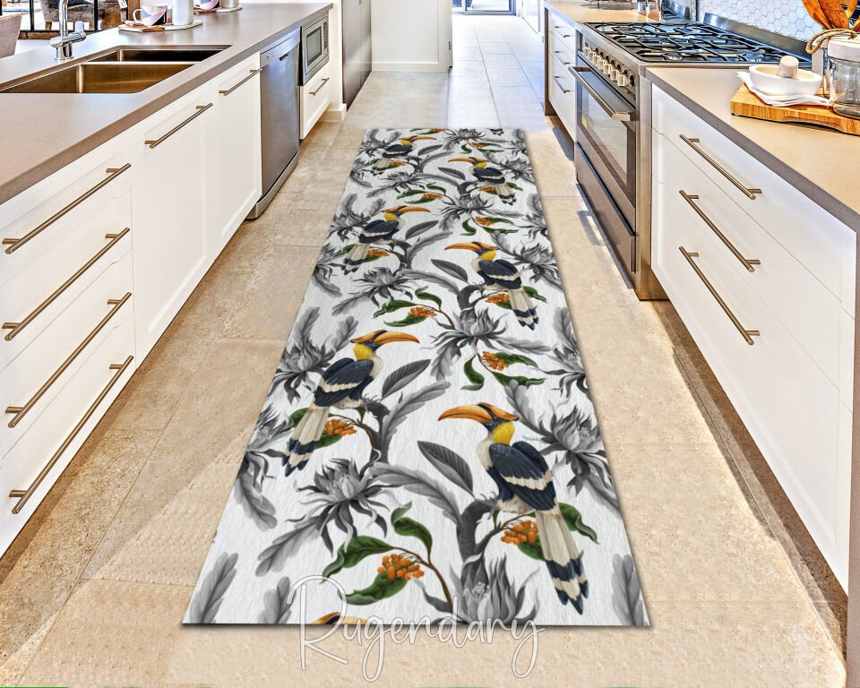 Tropical Bird Runner Rug for Kitchen Hallway Entryway, Exotic Long Carpet with Colorful Toucan Design, Non Slip Floor Decor