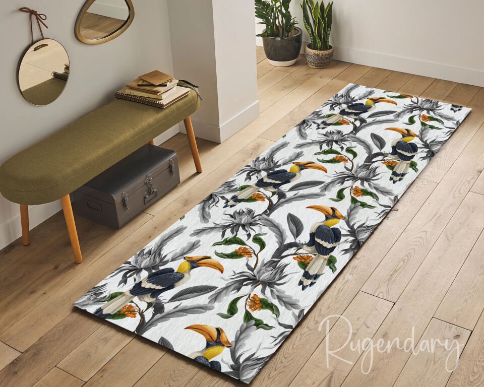 Tropical Bird Runner Rug for Kitchen Hallway Entryway, Exotic Long Carpet with Colorful Toucan Design, Non Slip Floor Decor