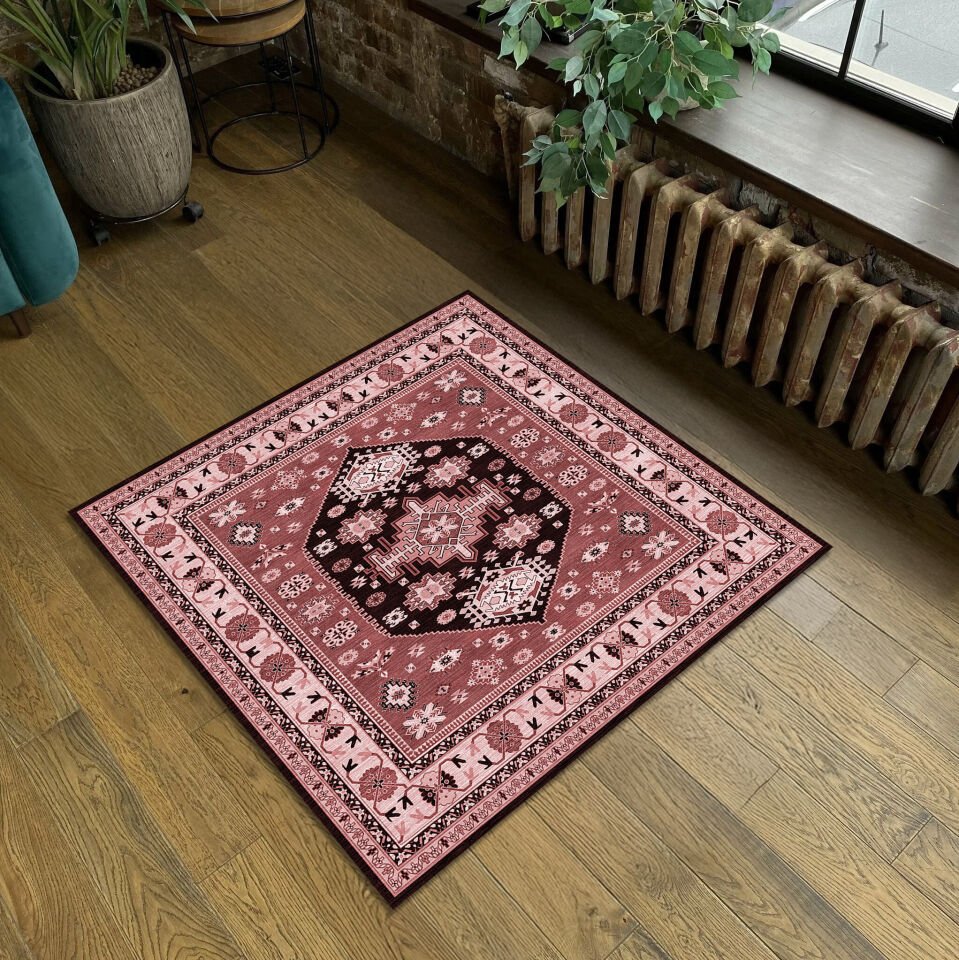Ethnic Patterned Boho Style Square Rug in Burgundy and Dark Red Tones