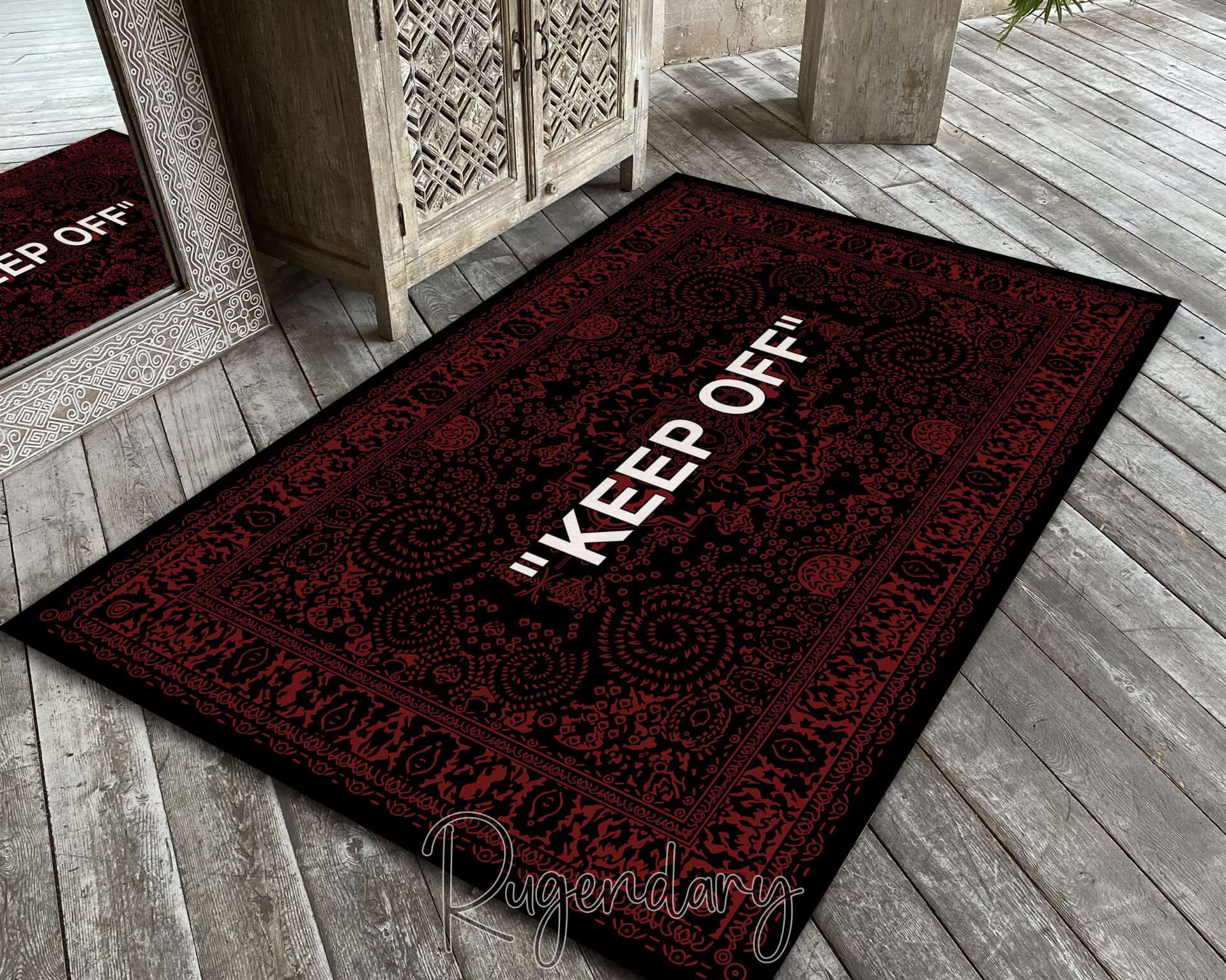 Modern Black & Red Area Rug with “KEEP OFF” Quote – Bold Living Room & Bedroom Carpet