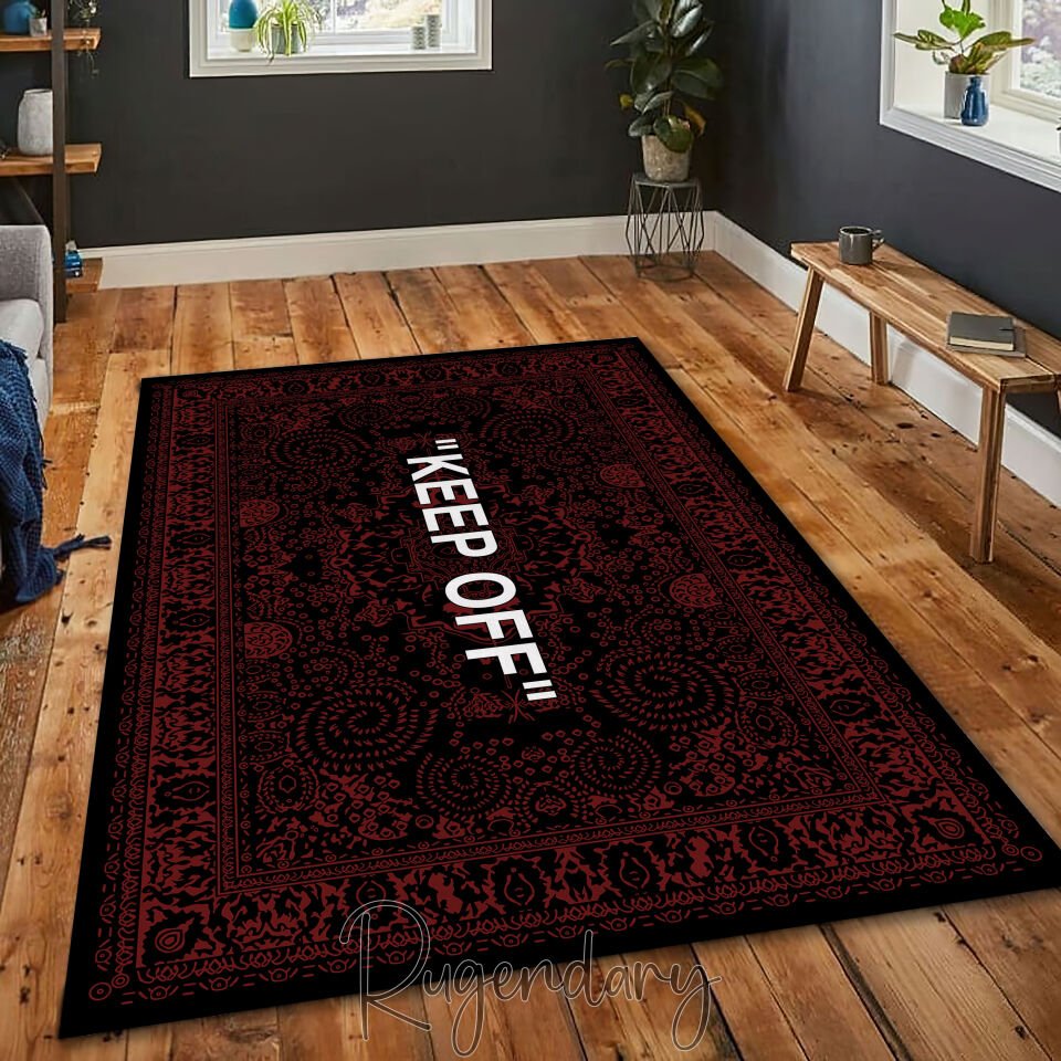 Modern Black & Red Area Rug with “KEEP OFF” Quote – Bold Living Room & Bedroom Carpet