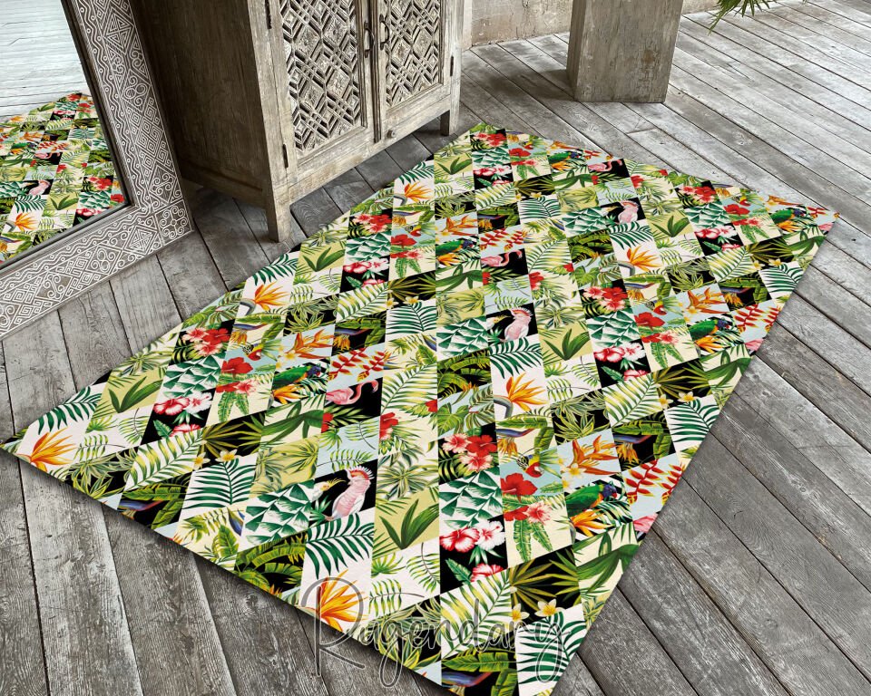 Tropical Jungle Pattern Area Rug – Colorful Botanical & Exotic Bird Design