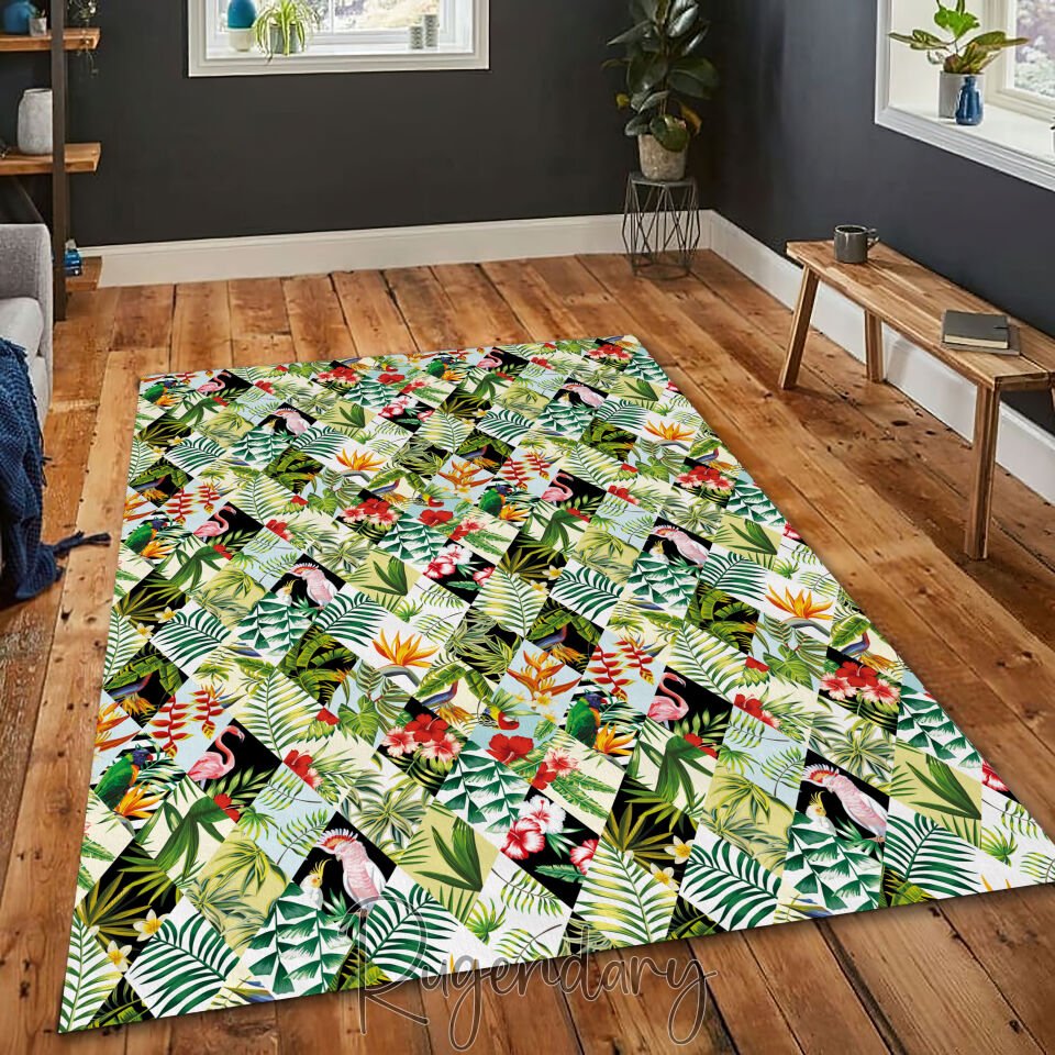Tropical Jungle Pattern Area Rug – Colorful Botanical & Exotic Bird Design