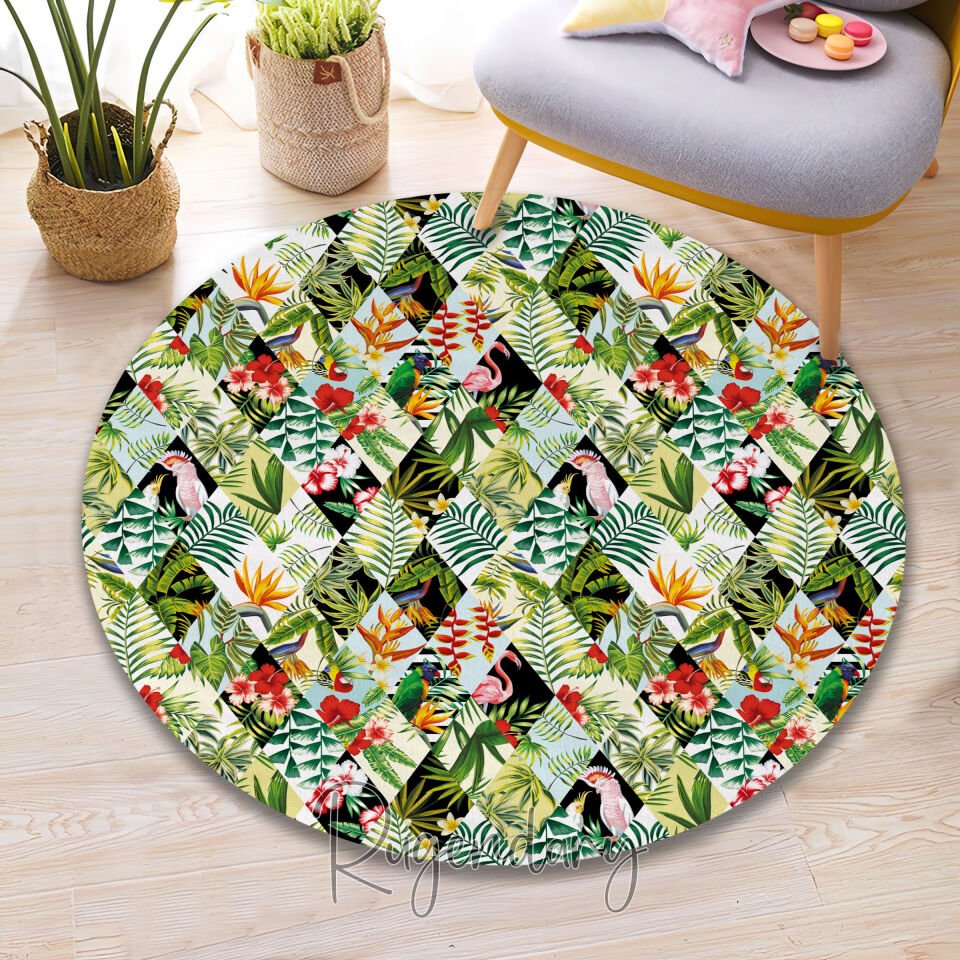 Tropical Jungle Pattern Area Rug – Colorful Botanical & Exotic Bird Design