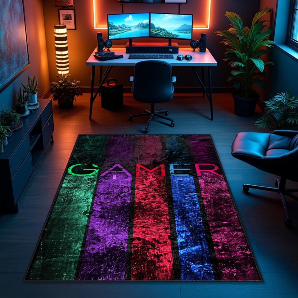Gamer Stripes Area Rug – Vibrant Multicolor Gaming Carpet for Ultimate Game Room Decor