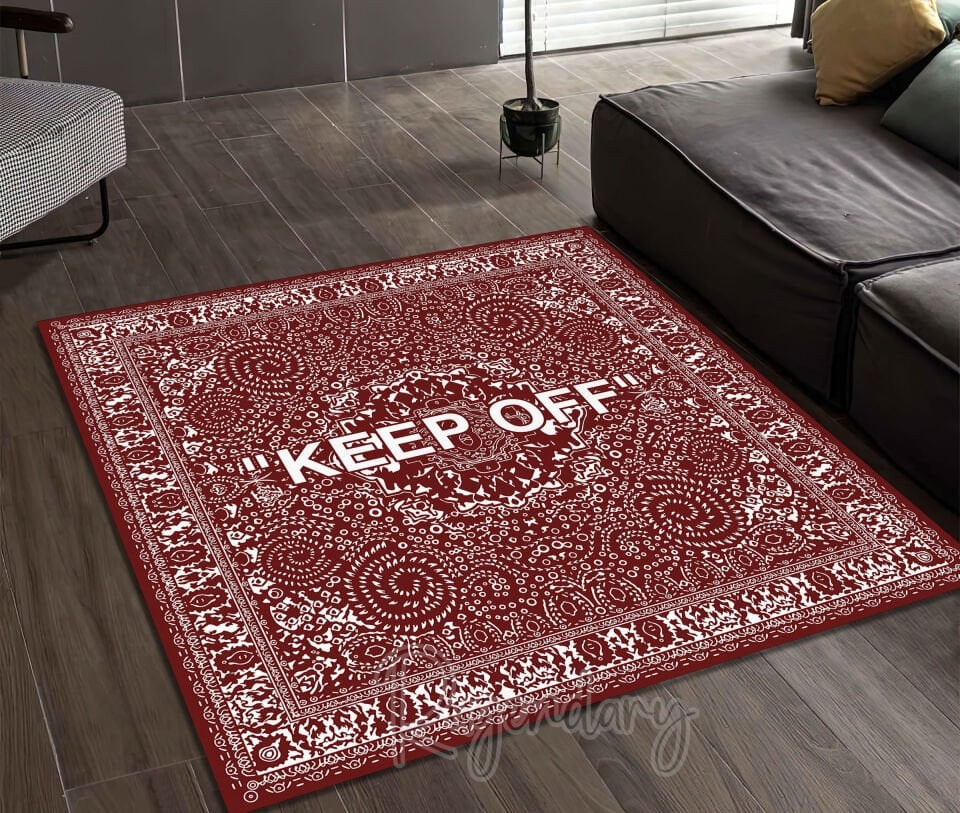 Red Square Rug with ''KEEP OFF'' Statement – Modern Decorative Carpet