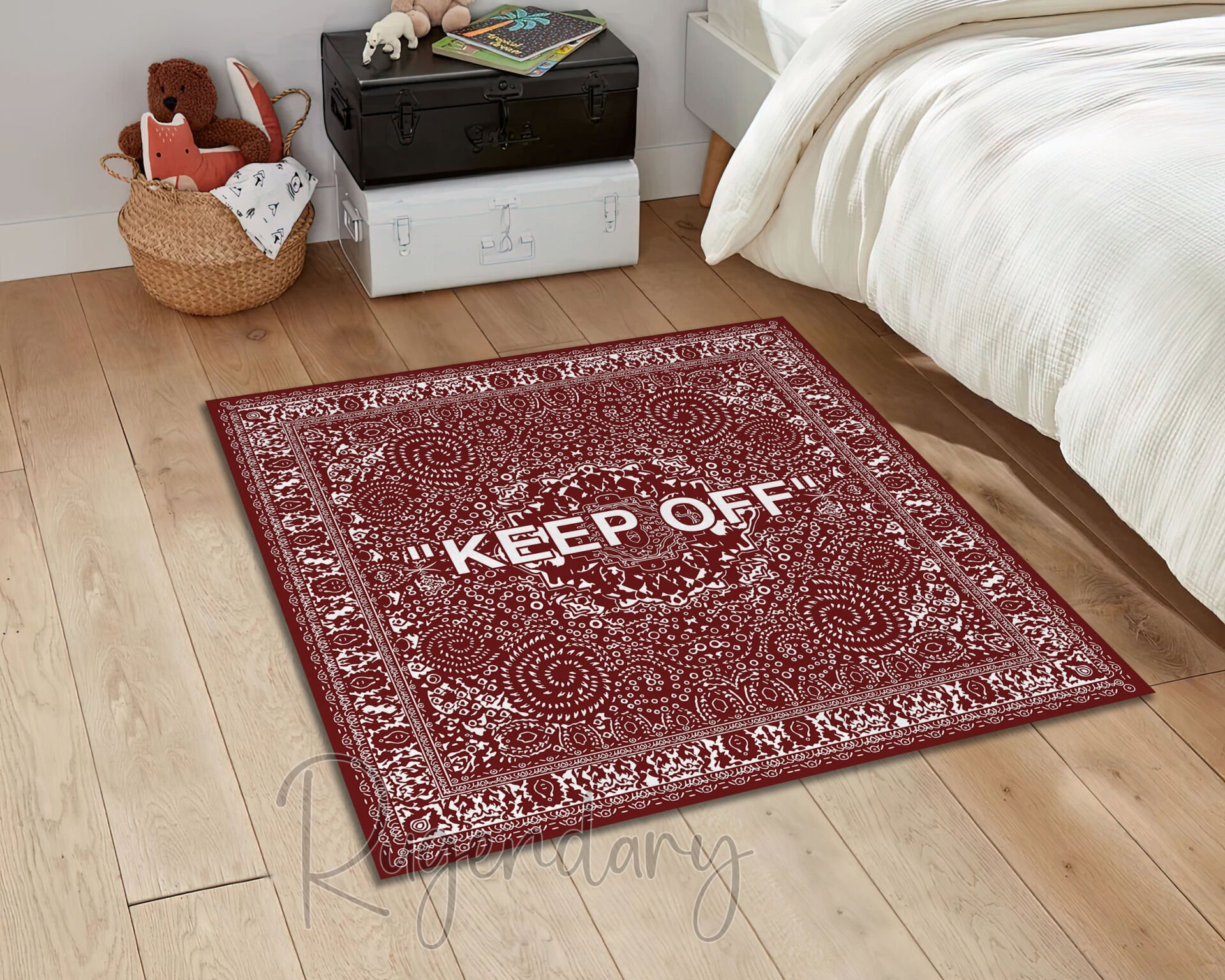 Red Square Rug with ''KEEP OFF'' Statement – Modern Decorative Carpet