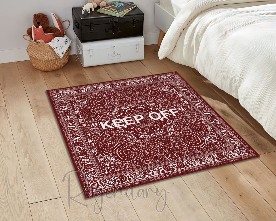 Red Square Rug with ''KEEP OFF'' Statement – Modern Decorative Carpet