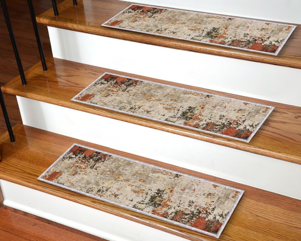 Rustic Vintage Stair Treads – Non-Slip Carpet Mats with Distressed Pattern for Wooden Steps