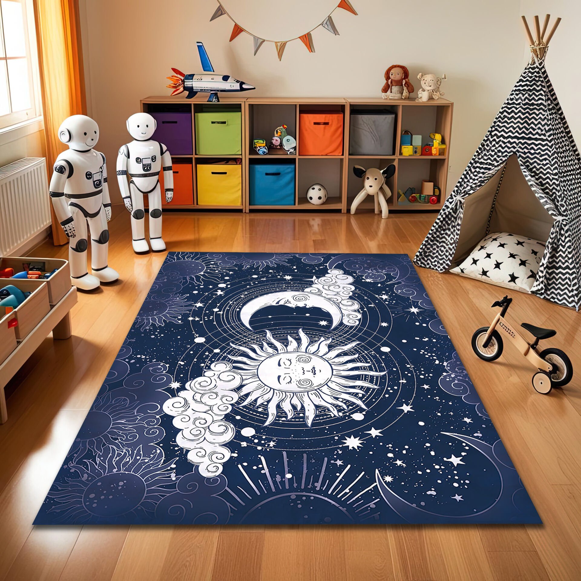 Celestial Sun and Moon Phases Kids Rug – Navy Blue and White Space-Themed Carpet