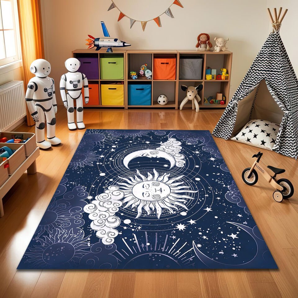 Celestial Sun and Moon Phases Kids Rug – Navy Blue and White Space-Themed Carpet