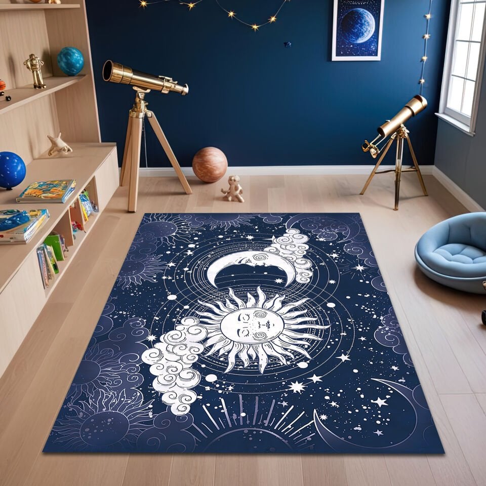 Celestial Sun and Moon Phases Kids Rug – Navy Blue and White Space-Themed Carpet