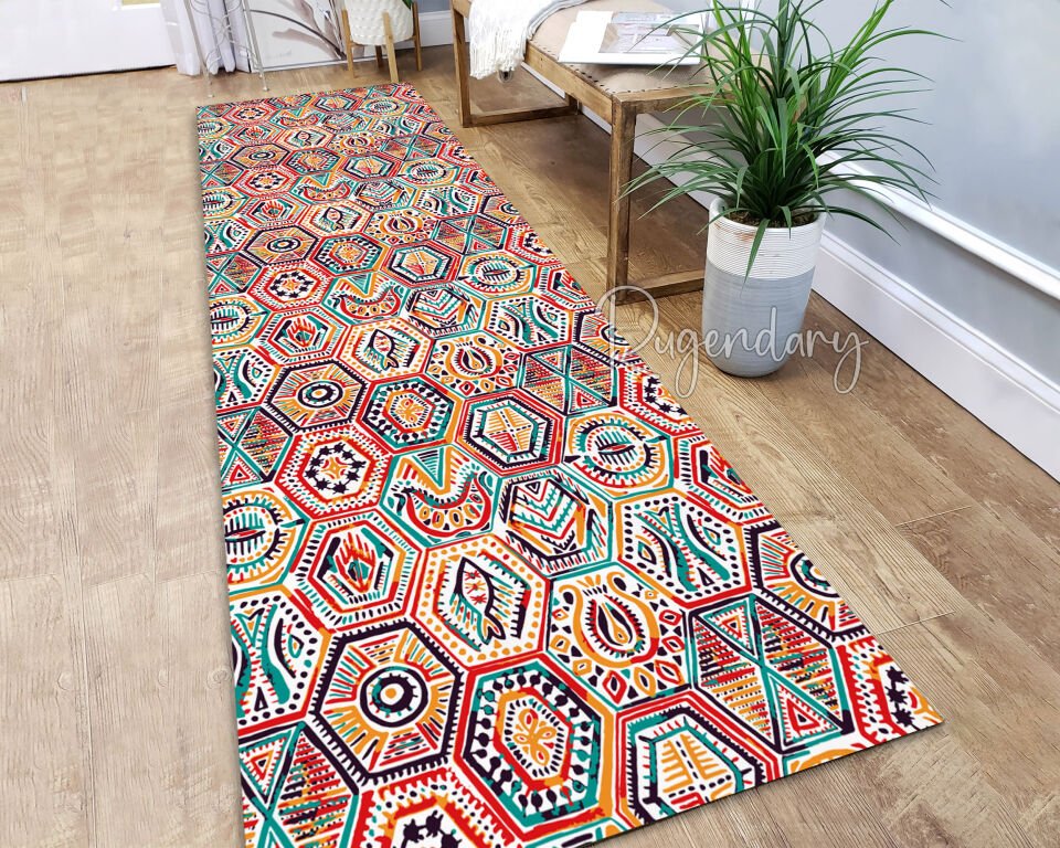 Colorful Geometric Hexagon Runner Rug – Vibrant Long Carpet for Hallway & Kitchen