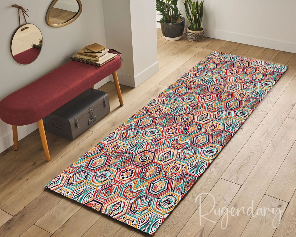 Colorful Geometric Hexagon Runner Rug – Vibrant Long Carpet for Hallway & Kitchen