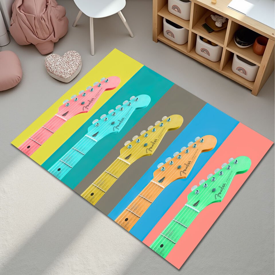 Pop Art Fender Guitar Rug – Colorful Music Room Area Carpet
