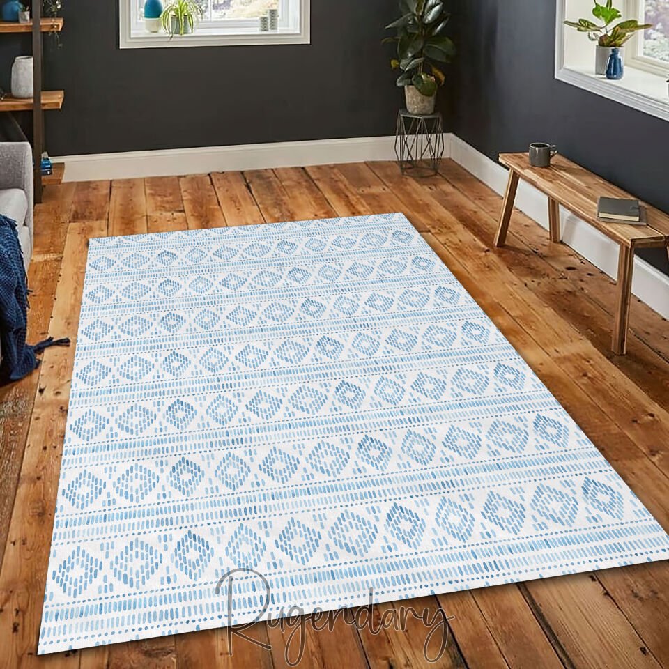 Boho Light Blue Tribal Pattern Area Rug