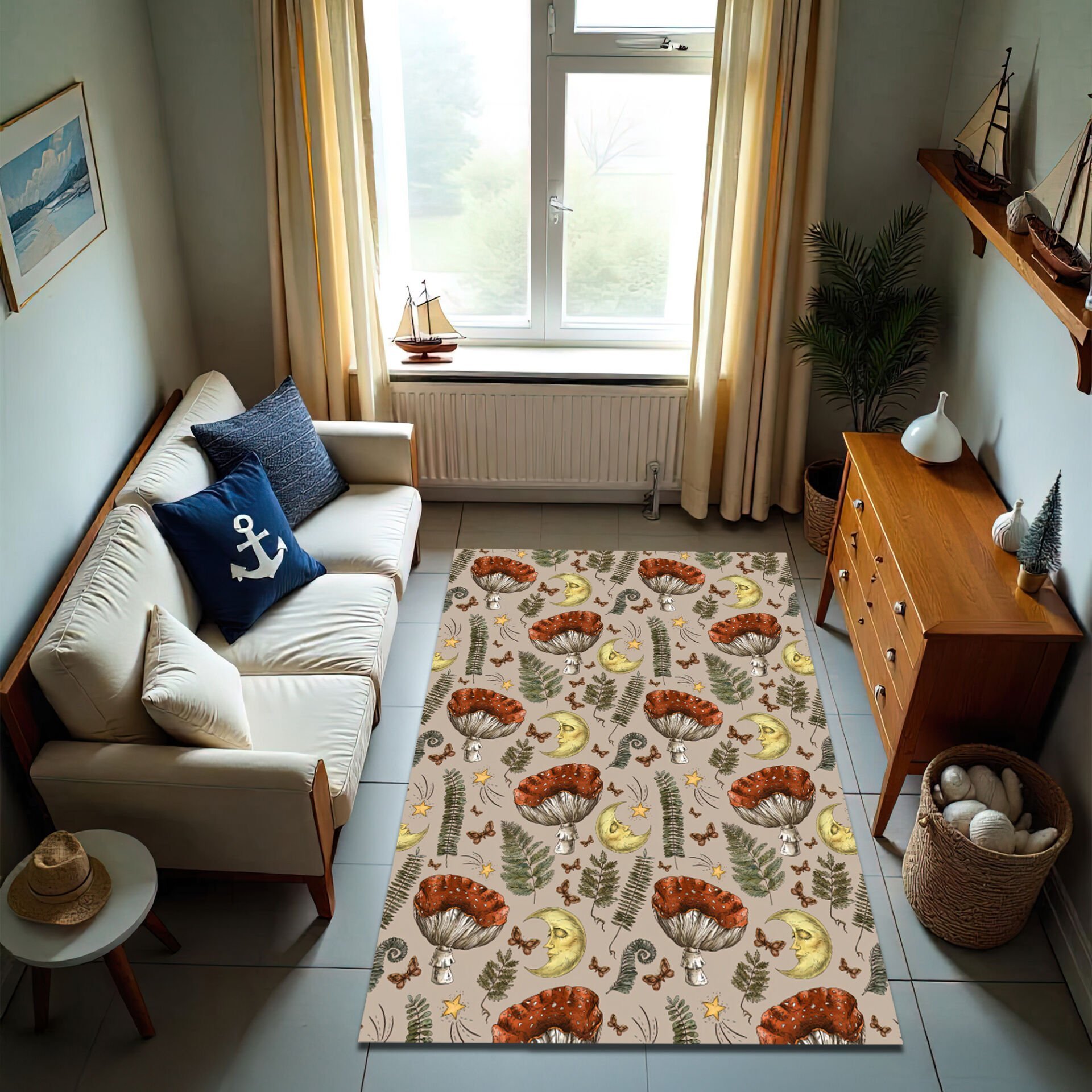 Vintage Forest Mushroom Rug – Moon & Fern Pattern Carpet