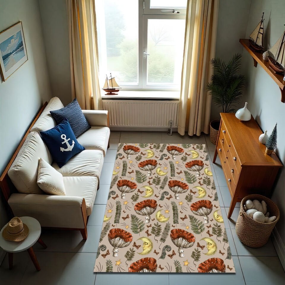 Vintage Forest Mushroom Rug – Moon & Fern Pattern Carpet
