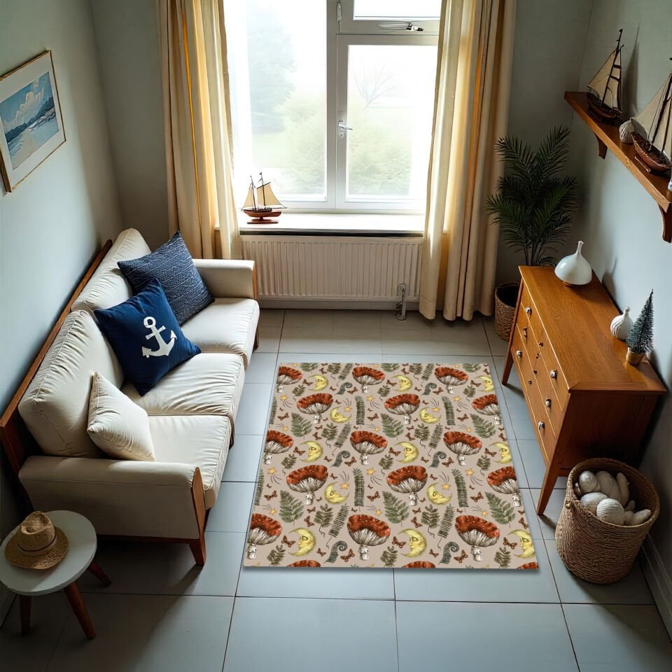 Vintage Forest Mushroom Rug – Moon & Fern Pattern Carpet