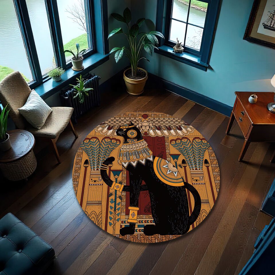 Egyptian Cat Round Rug – Ancient Art Carpet – Boho Vintage Floor Mat for Living Room & Bedroom
