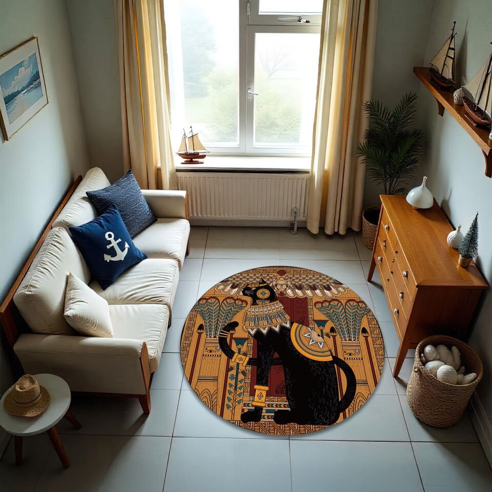Egyptian Cat Round Rug – Ancient Art Carpet – Boho Vintage Floor Mat for Living Room & Bedroom