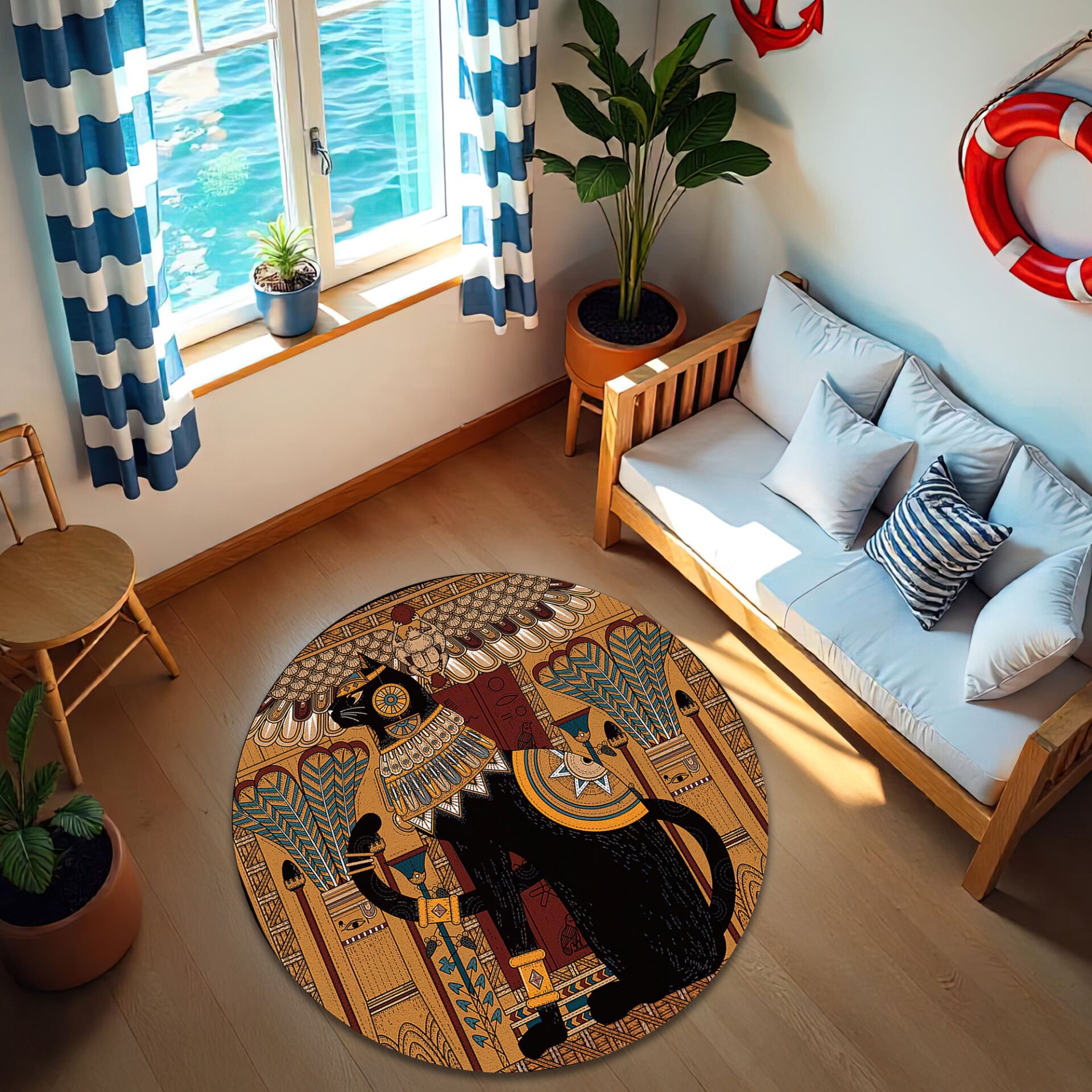 Egyptian Cat Round Rug – Ancient Art Carpet – Boho Vintage Floor Mat for Living Room & Bedroom