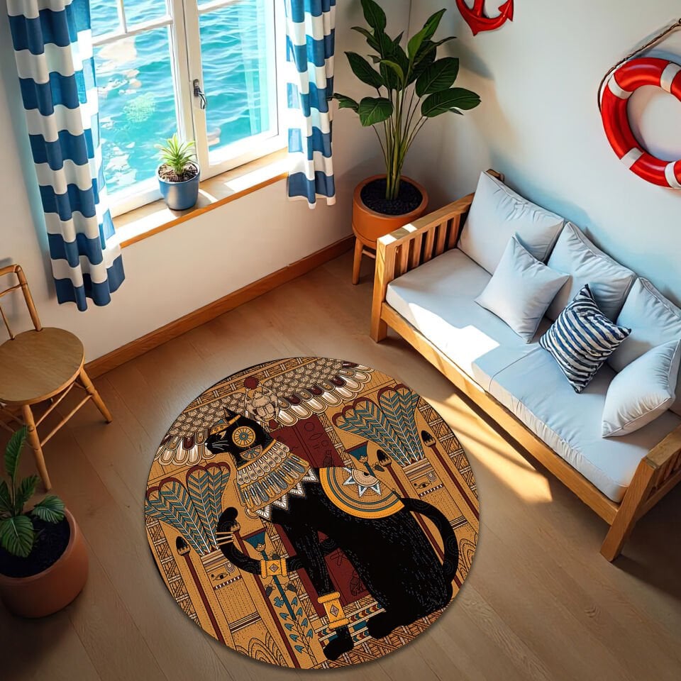 Egyptian Cat Round Rug – Ancient Art Carpet – Boho Vintage Floor Mat for Living Room & Bedroom