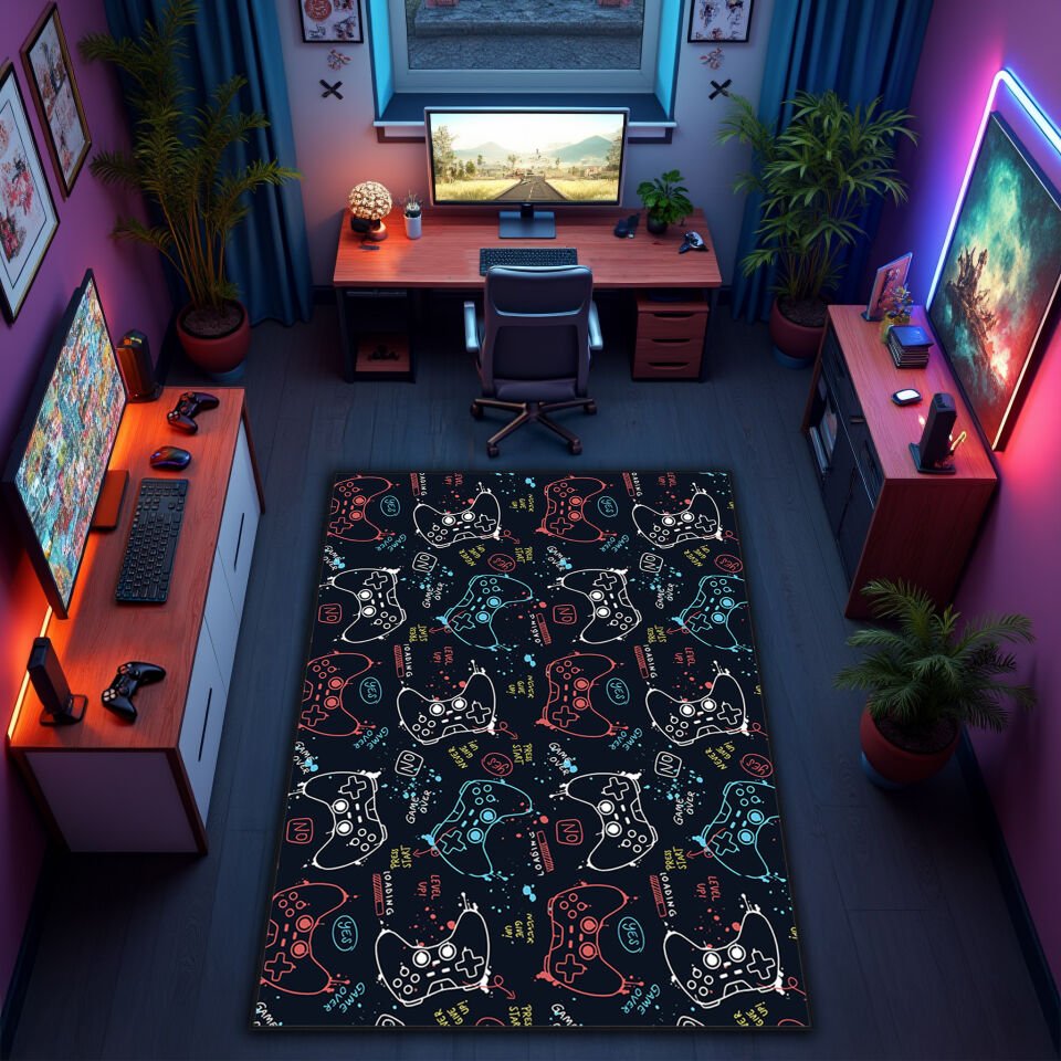 Colorful Gaming Controller Pattern Rug – Gamer Room Carpet