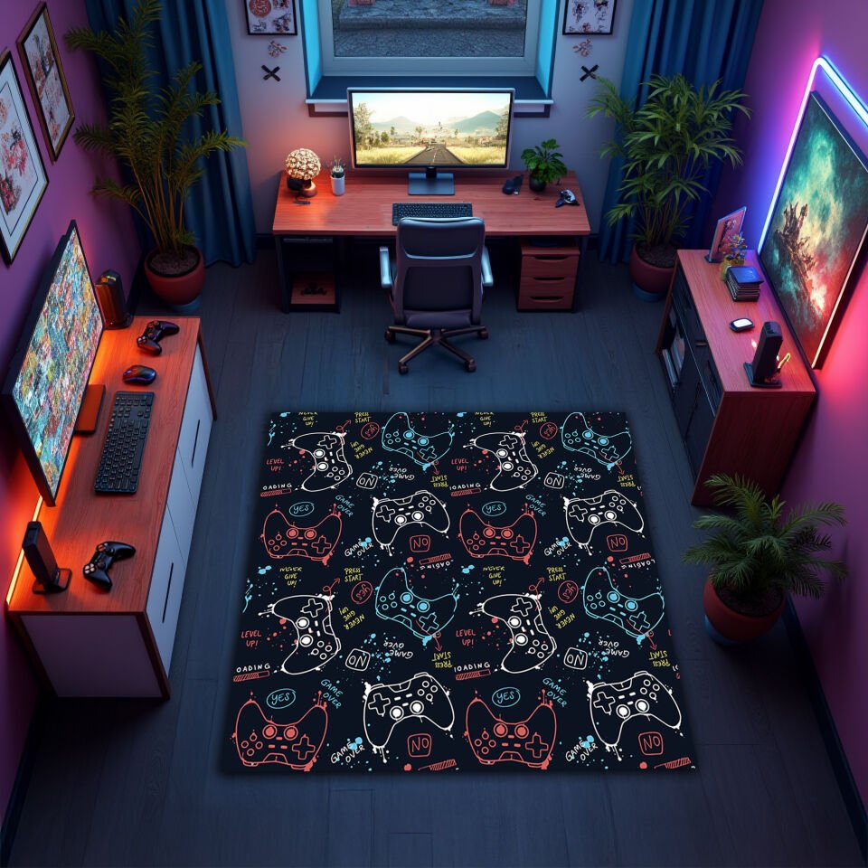 Colorful Gaming Controller Pattern Rug – Gamer Room Carpet