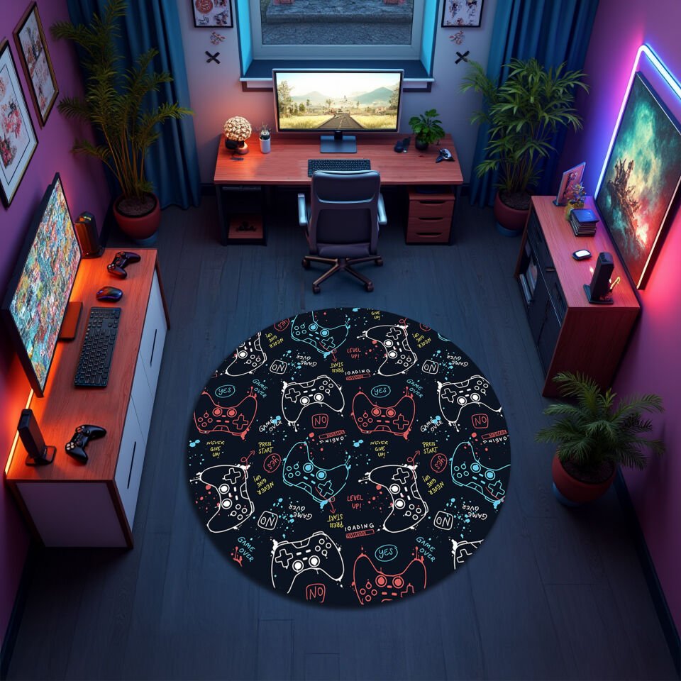 Colorful Gaming Controller Pattern Rug – Gamer Room Carpet