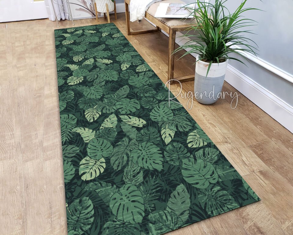 Tropical Monstera Leaf Runner Rug – Green Botanical Hallway & Kitchen Carpet