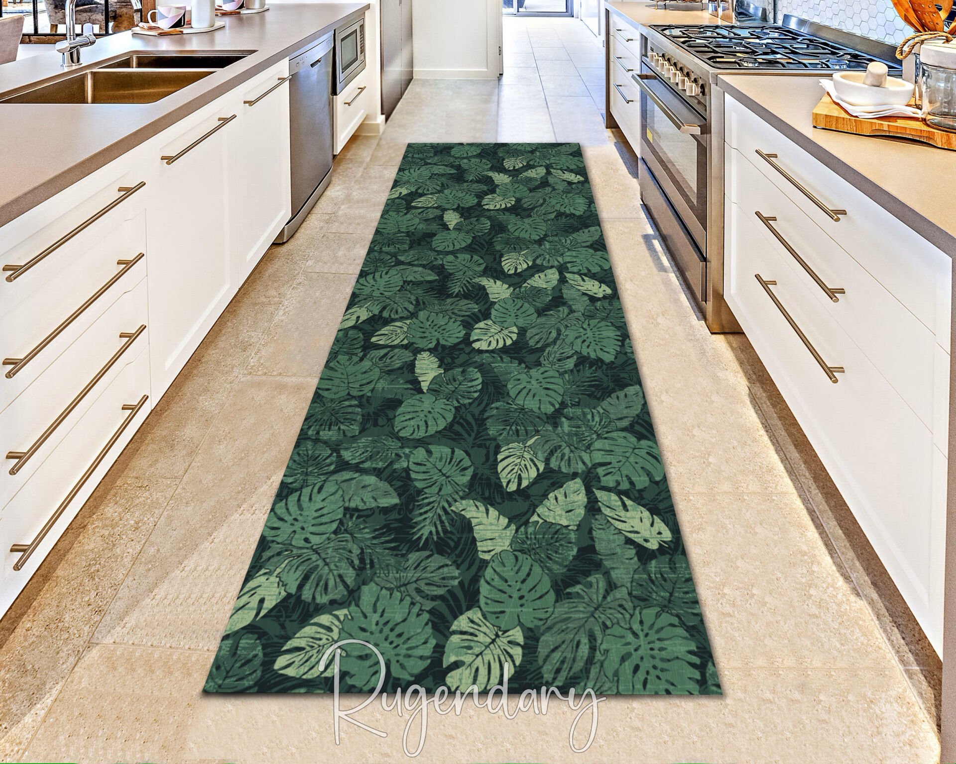 Tropical Monstera Leaf Runner Rug – Green Botanical Hallway & Kitchen Carpet