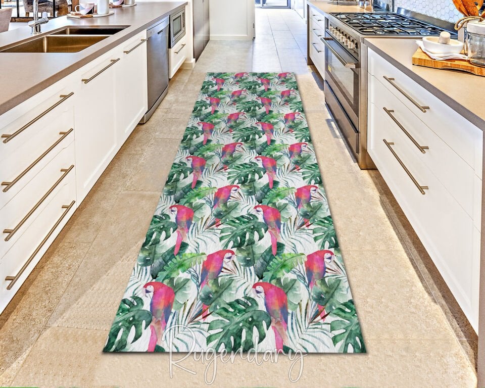 Tropical Parrot Runner Rug – Vibrant Kitchen Carpet with Jungle Leaf Design