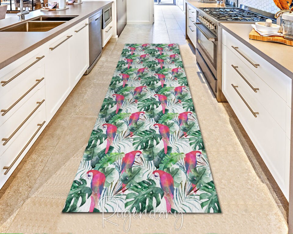 Tropical Parrot Runner Rug – Vibrant Kitchen Carpet with Jungle Leaf Design