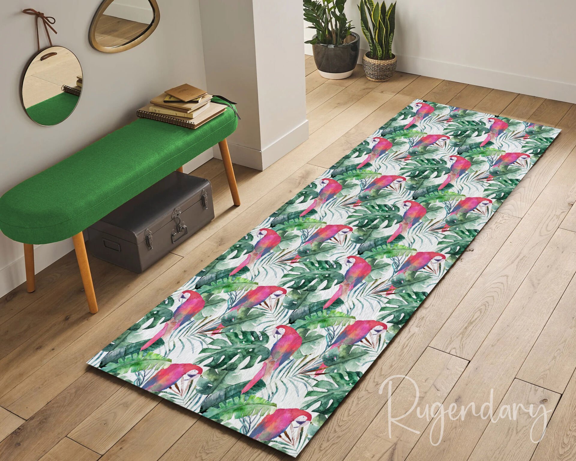 Tropical Parrot Runner Rug – Vibrant Kitchen Carpet with Jungle Leaf Design