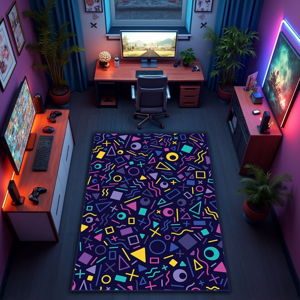 Vibrant Neon Symbols Rug – Ultimate Game Room Carpet with Retro Gaming Vibes